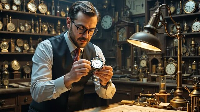 A lone watchmaker wearing a crisp vest and magnifying glasses leans over his wooden workbench, quietly muttering as he carefully adjusts the gears of an antique pocket watch