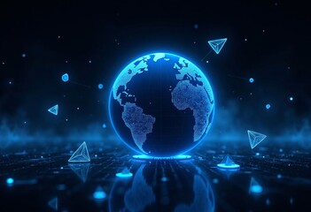 Fototapeta premium Glowing Blue Earth Globe with Scattered Geometric Shapes
