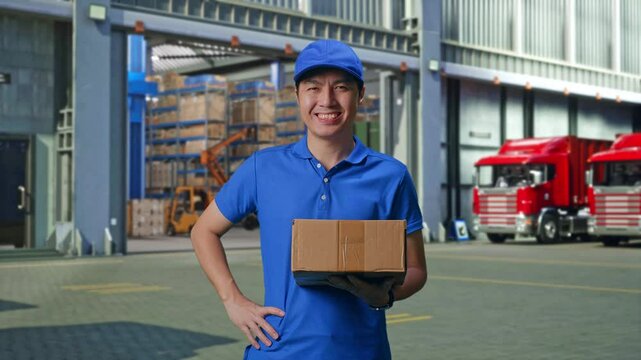 Asian male Courier In Blue Uniform Putting Hand On Hip And Smiling While Delivering A Carton, Outside of Logistics Distributions Warehouse, Pround Pose