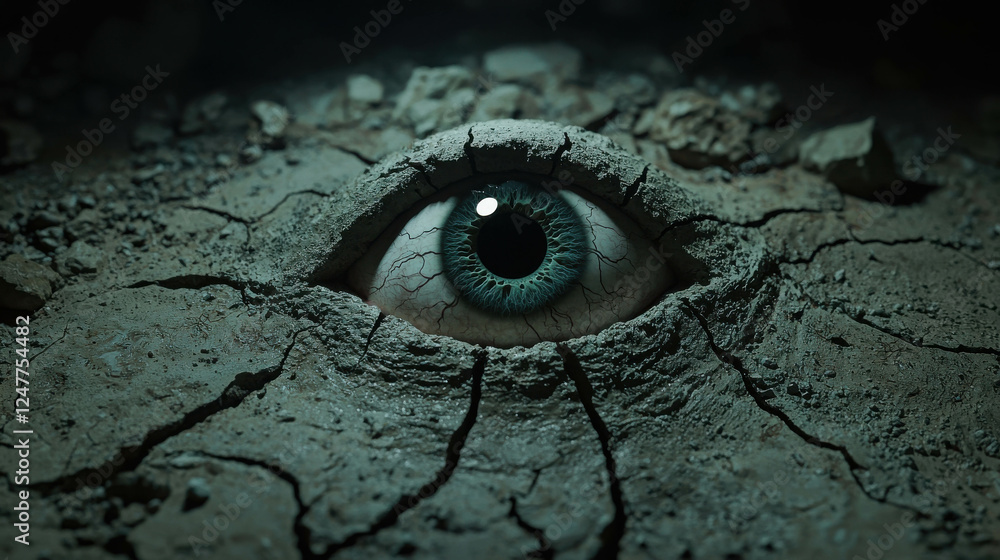 Poster eye embedded in rough stone surface with cracks and texture details captured in close-up