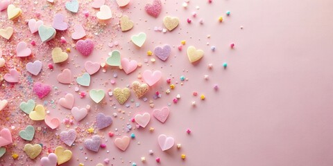 Obraz premium Pastel Heart-Shaped Confections and Sprinkles on Pink Background A Festive and Delightful Image for Romantic Occasions