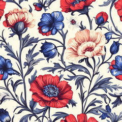 Seamless floral pattern with red and blue flowers