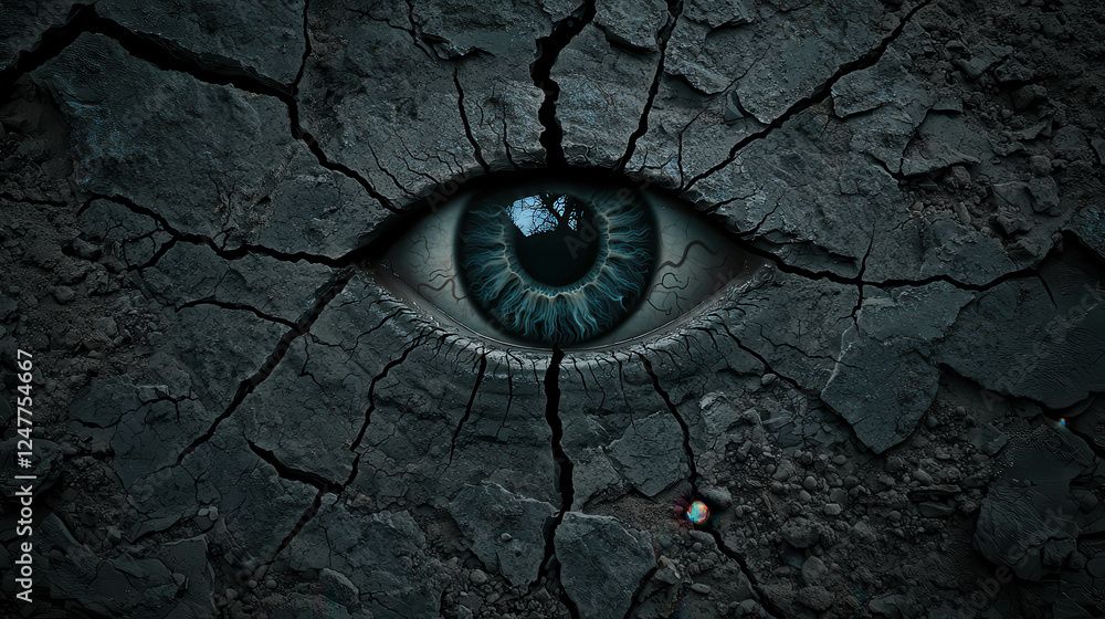 Poster single eye embedded in rough stone textured background with cracked patterns