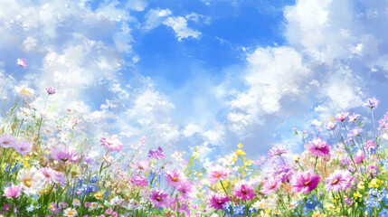 Fototapeta premium Colorful wildflowers under bright blue sky