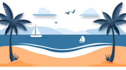 Tropical beach scene with sailboats and palm trees