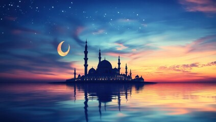 Silhouette of mosque on island at sunset with crescent moon.
