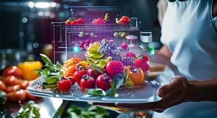 Innovative Culinary Technology: A Chef Presents Fresh Vegetables Enhanced by Digital Hologram - Powered by Adobe