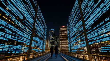 Fototapeta premium Futuristic cityscape with illuminated skyscrapers at night