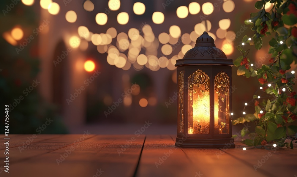 Poster illuminated lantern on wooden table at night with bokeh lights and greenery.