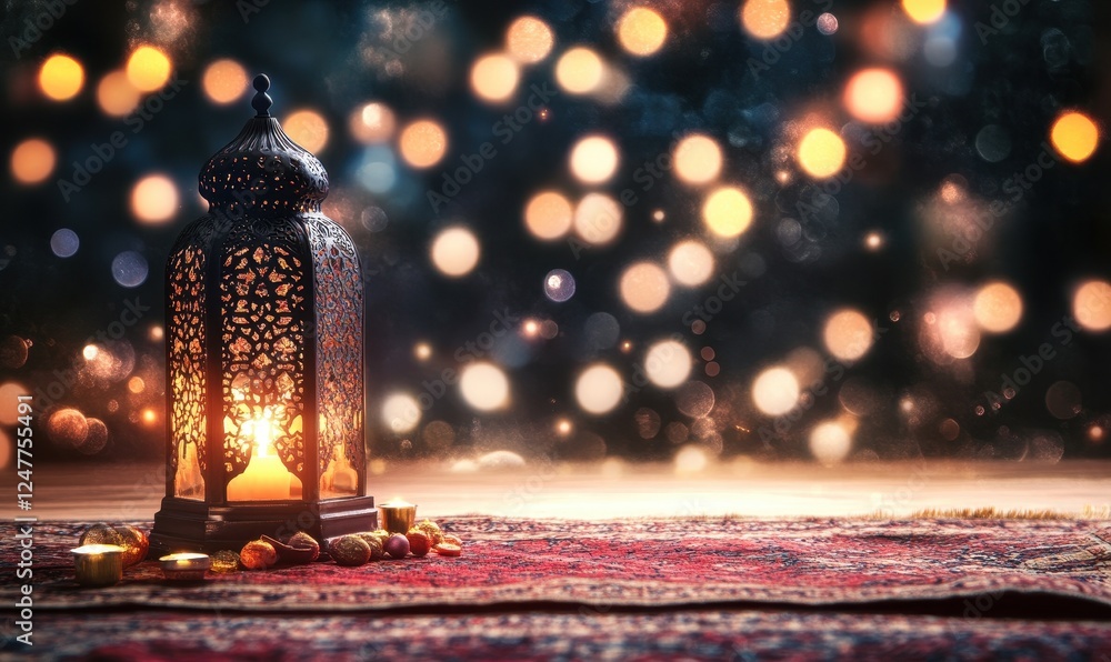 Poster illuminated moroccan lantern with bokeh lights on rug.