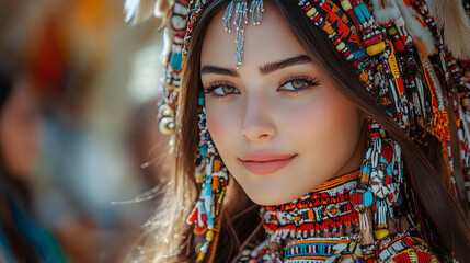 Obraz premium A stunning portrait of a woman in traditional ethnic attire, showcasing beauty and cultural heritage.
