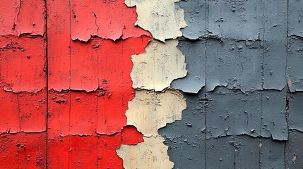 Obraz premium Closeup of red, gray, and beige painted urban wall with wrinkled glued poster template. Modern mockup for design.