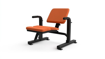 Fototapeta premium Orange and Black Preacher Curl Bench on a White Background for Weightlifting