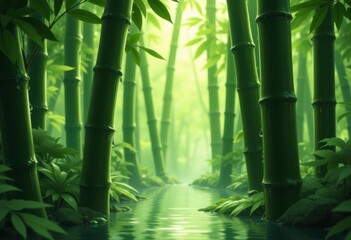 Fototapeta premium Lush bamboo forest with river water flowing through the green stalks