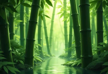 Fototapete Rund Lush bamboo forest with river water flowing through the green stalks © LTh