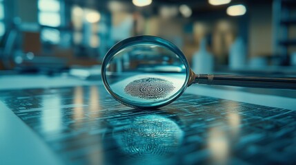 Fingerprint analysis lab, magnifying glass, crime scene investigation