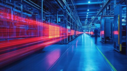 Modern Factory with Long Exposure Light Trails at Night