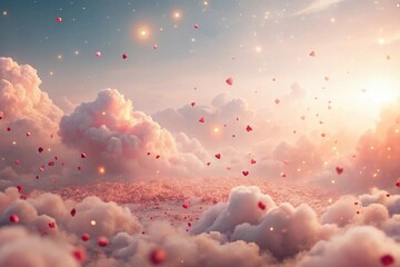 Fototapeta premium Celestial Heartscape A Dreamy Panorama of Pink Clouds, Sparkling Lights, and Falling Hearts at Sunset