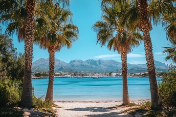 Naklejka premium Palm trees frame beach path to Mediterranean harbor