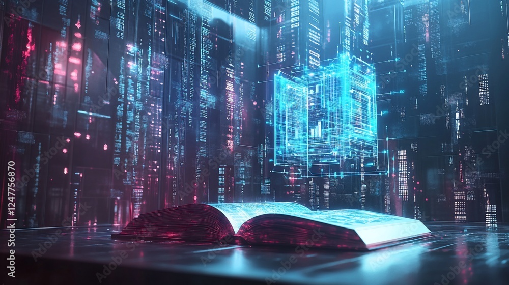 Aufkleber open book revealing a digital world with glowing data streams and a futuristic interface