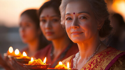 A beautiful elderly woman smiling warmly, surrounded by cultural festivities and traditions.