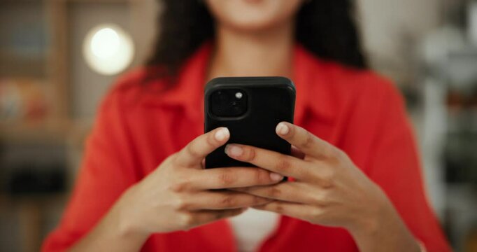 Business, phone and hands of woman in home with typing, remote work and internet banking app. Entrepreneur, mobile and scroll in living room for ecommerce, research and online shopping for startup