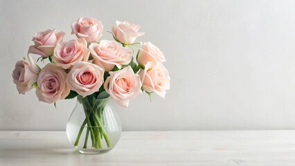 Obraz premium A Delicate Bouquet of Light Pink Roses in a Clear Glass Vase on a White Table