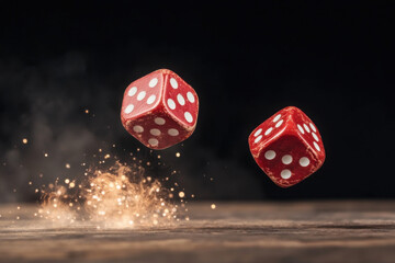Two red dice are flying through the air, one of which is landing on a table
