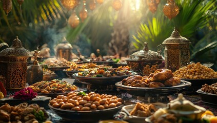 Sunlit feast with ornate dishes & diverse foods outdoors.