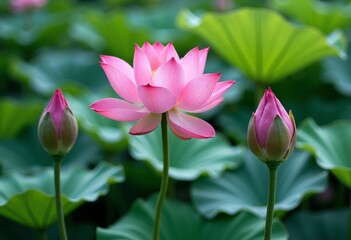 Fototapeta premium Pink Lotus Flower with Buds and Green Leaves