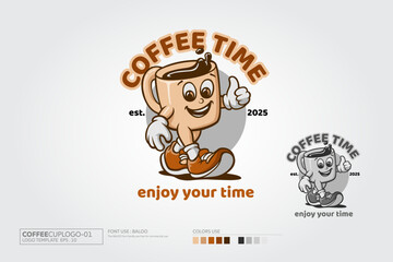 Coffee Time and enjoy your time Vector logo Illustration. Coffee to go cartoon logo with coffee cup mascot. This Logo design for your business, creative industries, corporate and other.