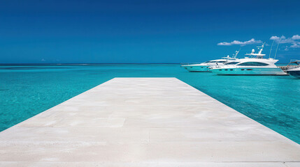 Fototapeta premium Sleek Concrete Jetty Extending into Turquoise Waters with Luxury Yachts in Clear Blue Sky
