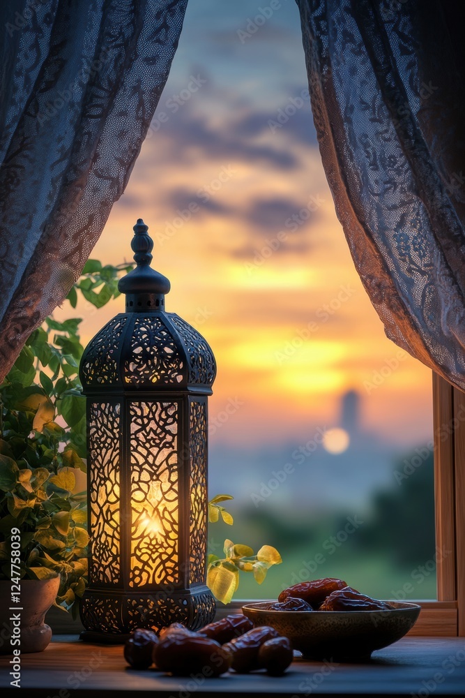 Poster ramadan sunset view through window with lantern and dates.
