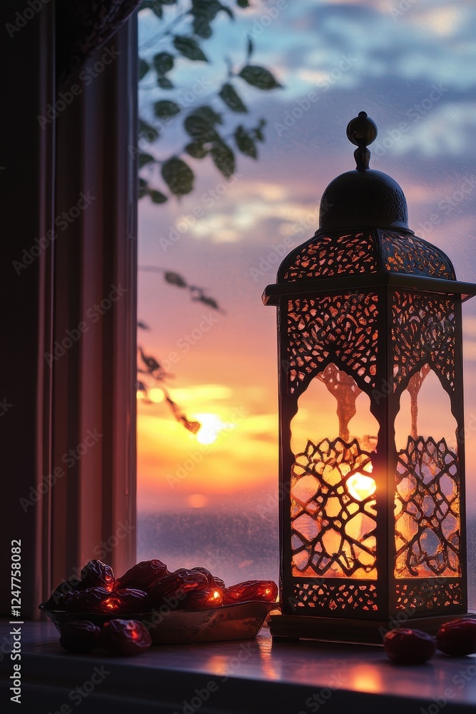 Poster sunset view through window with lantern and dates.
