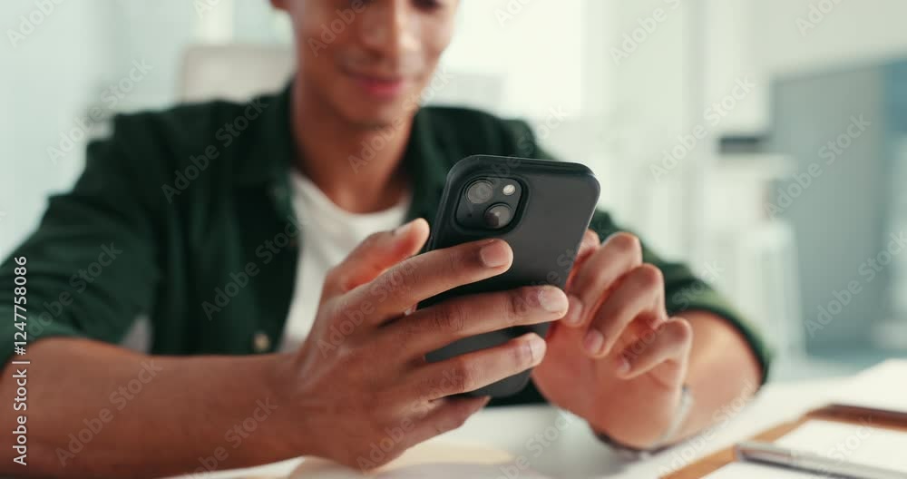 Poster office, hands and man with phone for search, creative social media post or online chat notification.