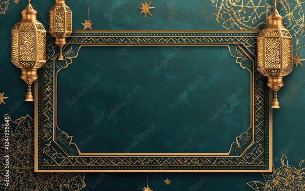 Poster teal background with gold frame and lanterns.