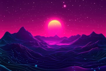 A cosmic landscape with swirling neon hues of purple and pink interspersed with glittering stars and light