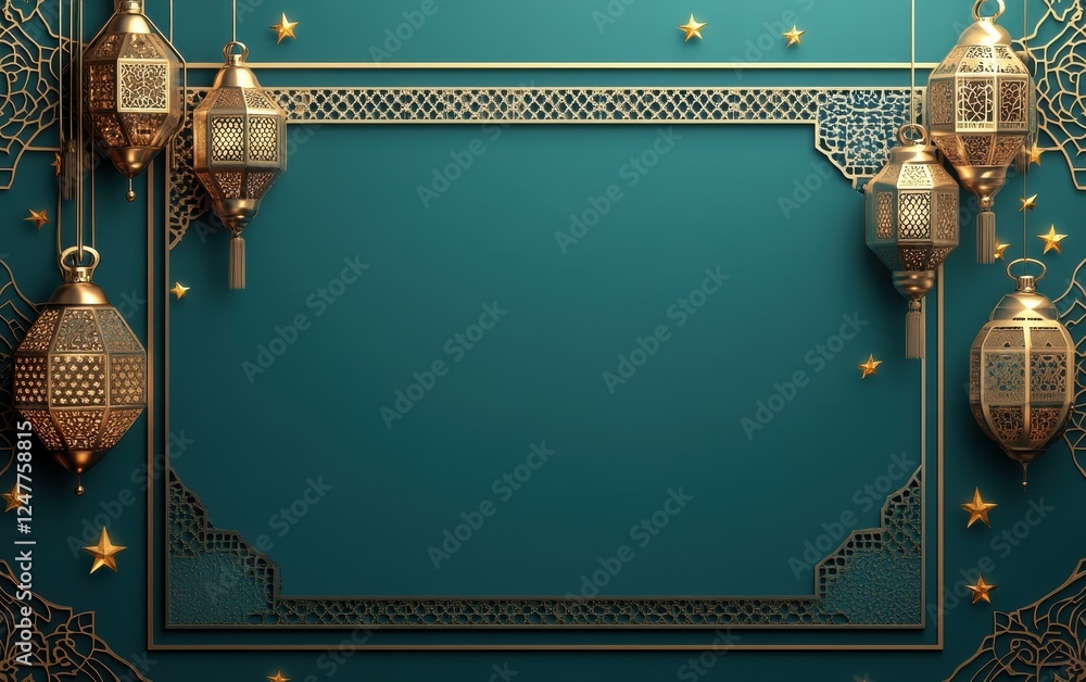 Poster teal background with gold lanterns and frame.