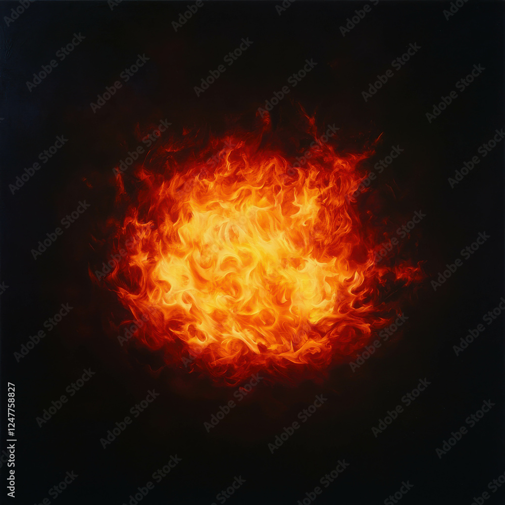 Poster small intense fireball floating in the center of a dark background with fiery flames