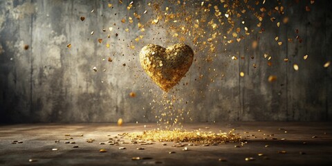 Fototapeta premium Golden heart suspended in mid-air, showering glittering confetti onto a dark surface