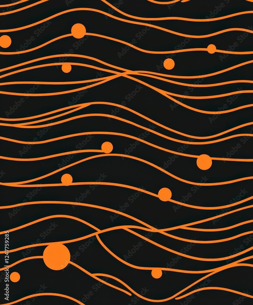Poster Abstract Orange Waves and Dots Pattern on Black Background Design