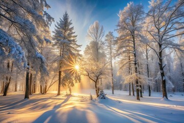 Obraz premium Golden rays illuminate a snow-covered winter forest at sunrise, casting long shadows across the pristine landscape.