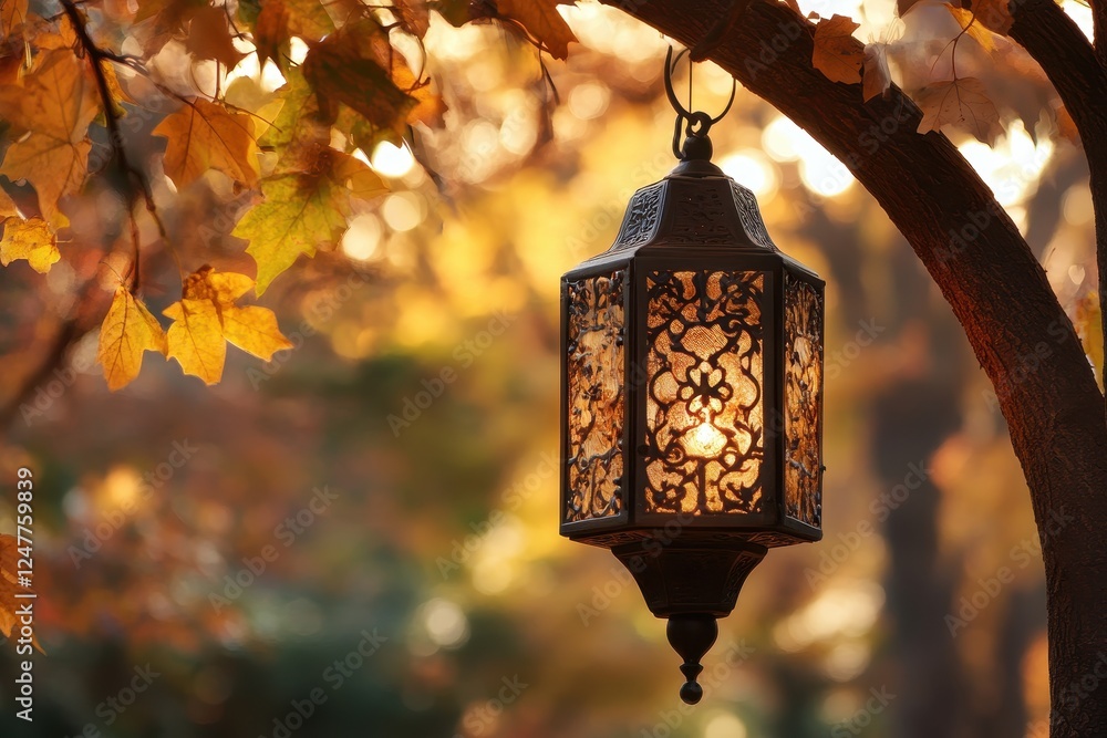 Poster ornate lantern hanging from tree branch in autumn.