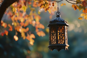 Ornate lantern hanging from autumn leaves.