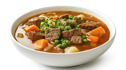 Delicious beef stew with carrots, peas, potatoes, and noodles in a white bowl, isolated on white background.