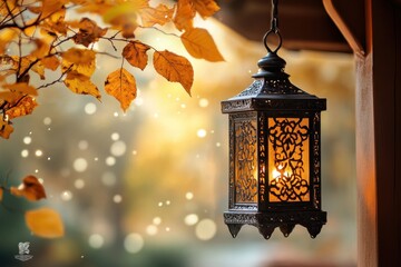 Glowing lantern hanging near autumn leaves.