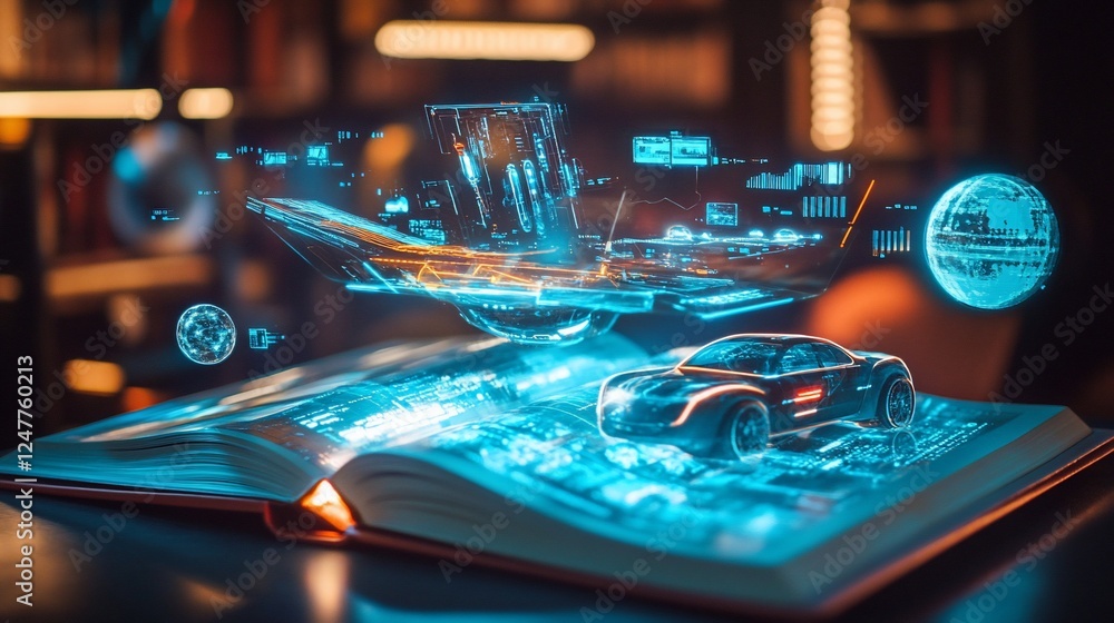Poster futuristic car and holographic data display emerges from an open book, a blend of technology and lit