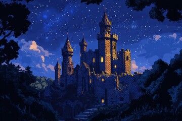 A Nighttime View of a Majestic Stone Castle