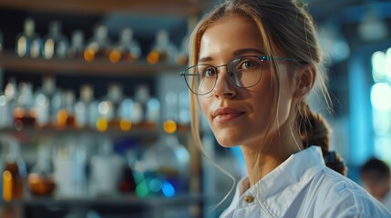 Fototapeta premium Confident Female Scientist in Lab Coat with Glasses Looking at Camera