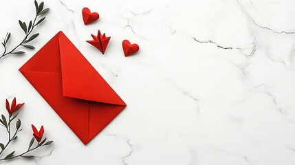Red Origami Envelope and Hearts on Marble Background: Valentine's Day Craft AI Generated